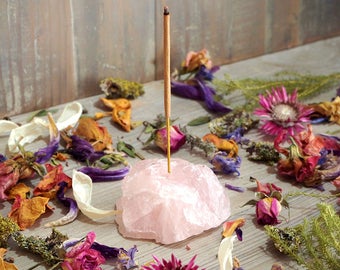 Rose Quartz Incense Holder, Rough Quartz Joss Stick Holder, Raw Quartz Incense Burner, Pink Crystal Home Decor