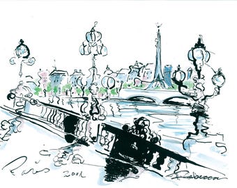 Pont Alexander III, Paris, Original pen and ink, watercolor Print