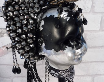 Gothic Black and Silver Dolls head on Stand
