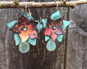 Red and green copper flower earrings with chalcedony bead