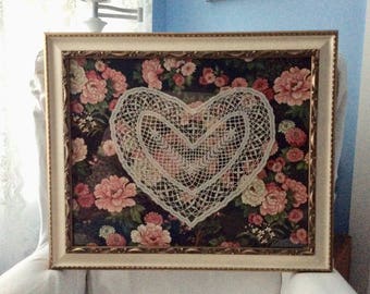 Vintage Tatted Lace Heart Framed Handmade Lace