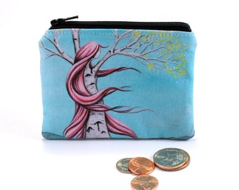 Content - Small Zipper Pouch - Girl Birch Tree with Wind Blown Pink Hair - Art by Marcia Furman