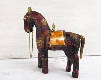 Vintage Wood and Brass Horse Figurine- Bone Saddle- Hand Painted Miniature Horse Figurine 6"