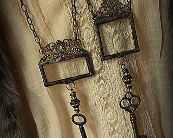 ORIGINAL Soldered Filigree Glass Bevel© and Vintage Skeleton Key Necklace