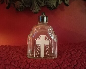 Antique Vintage Art Deco 1920's 30's Glass Holy Water Bottle w/Cross Motif