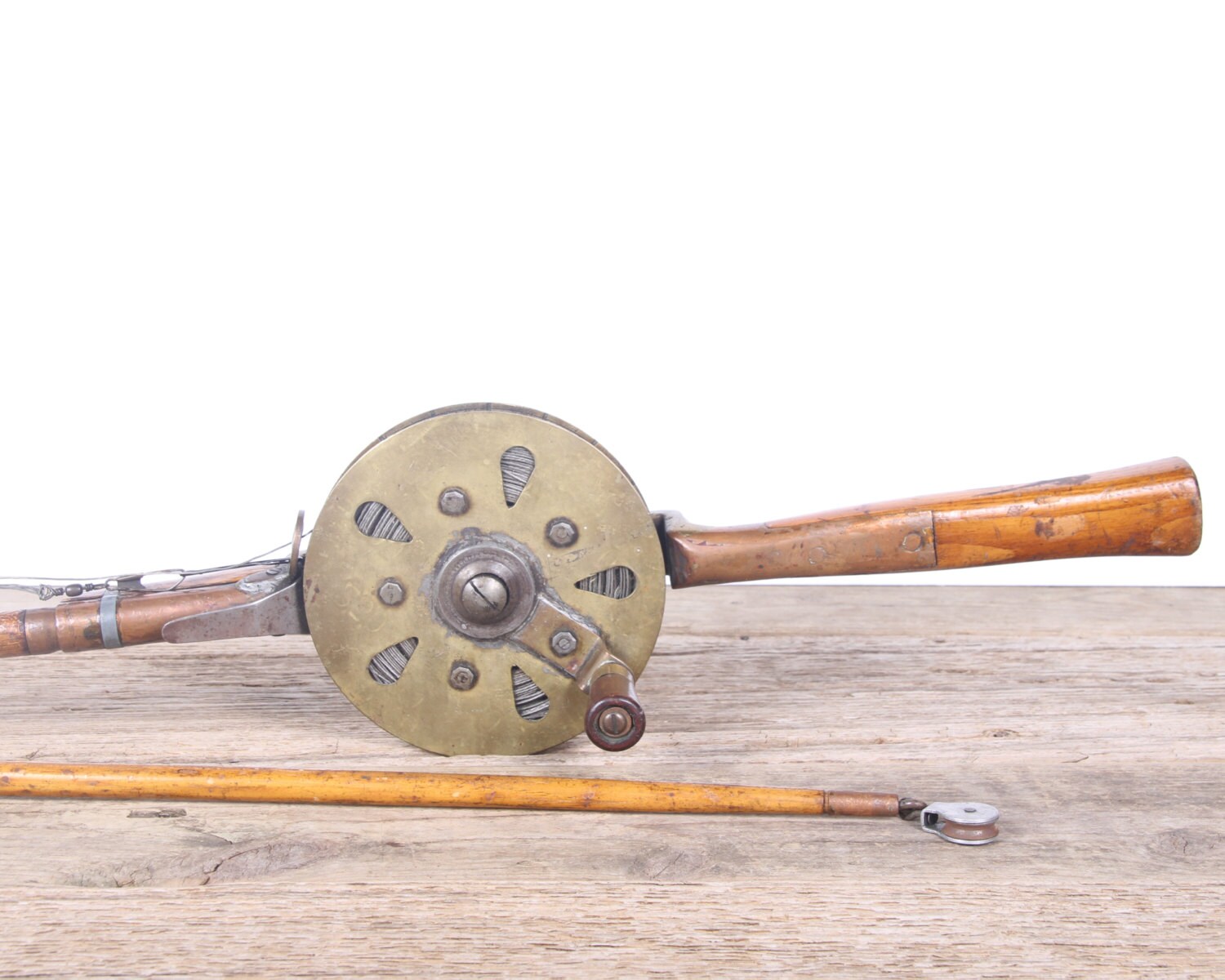 Antique Wooden Fishing Rod & Copper Reel / Mathews Conveyer Co. Halibut