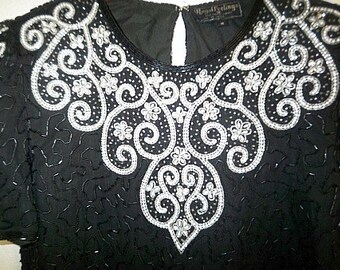 Vintage black sequin and white pearl GLAMOUR evening top sz M