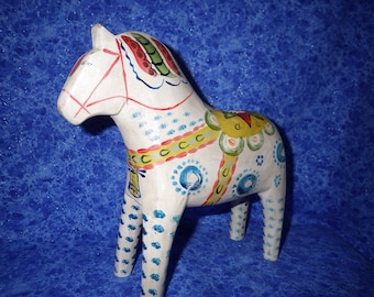 Heirloom Grannas Olsson Antique-Inspired Dapple Blue and White Swedish Dala Horse--8" tall --Limited Production; Numbered, Signed, and Dated