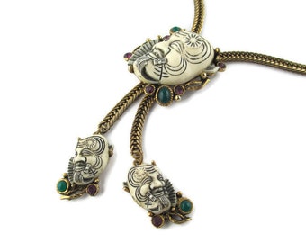 SELRO White Devil Necklace/Okina (Hakushikijyo) Noh Mask Necklace/Japanese Theater Rhinestone Gold Tone Necklace/ Lariat Bolo Necklace
