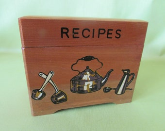 VINTAGE Wooden Recipe Box,, VINTAGE Kitchen Decal,, VTG Recipes Box,, Mid-Century Trinket Box