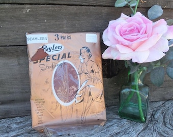 Vintage Stockings, Hosiery, Three (3) Pair of Nylon Hosiery, PayLess Special Stockings, BURLESQUE, New in Package, Size 9, Cinnamon
