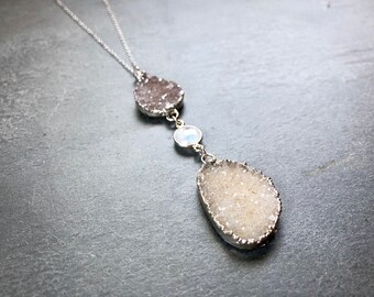 Silver Druzy + Moonstone Crystal Necklace
