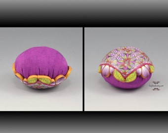 Pincushion, Polymer Clay, Hand-Dyed Cotton, Blackberry Purple, Lime Green