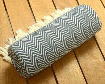 SALE %50 Personalized Smoke Herringbone Design Cotton Blanket - Peshtemal Throw - 52"X72" -130cmx180cm-Monogrammed Embroidered