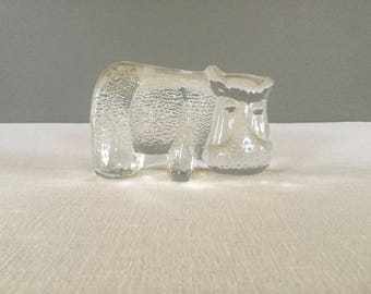 Vintage Viking Glass Hippo Paperweight - Art Glass - Clear Glass Animal - Flat Back - Office Decor