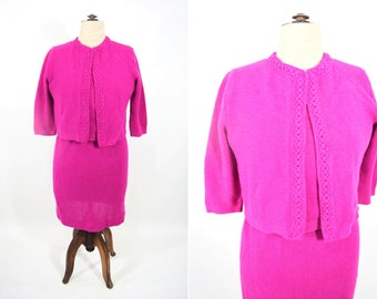 1960s knit suit | fuschia sweater top cardigan skirt acrylic 3 piece set | vintage 60s suit | W 36"
