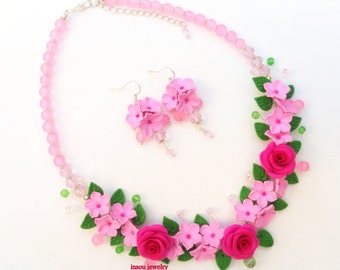 Pink Jewelry Set Flower Jewelry Roses Flower Necklace Flower Earrings Romantic Jewelry Polymer Jewelry Flowers Gift For Her Wedding Jewelry