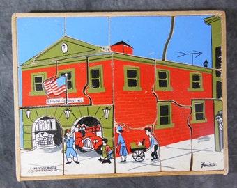 See-Inside Puzzle - Creative Playthings - Vintage - 1950s - 16 Pcs - Fire House