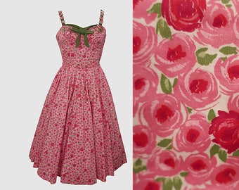 1950s Rose Print Dress Rhinestones Spectator L