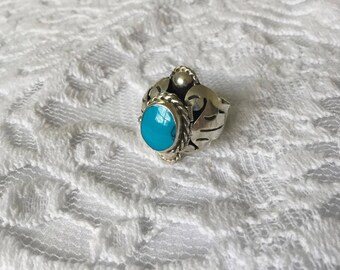 Vintage Sterling 'Taxco' Mexico Turquoise Poison Ring Sz. 7.5 Signed- 7.3g.