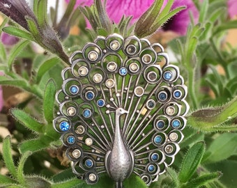Filigree Silver Peacock Brooch with blue Stones, 1920s Art Deco
