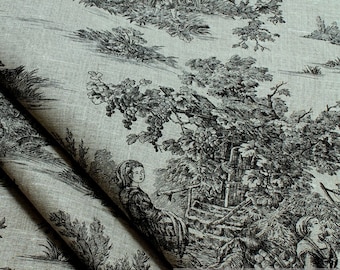 Fabric pure linen nature Toile de Jouy black classic