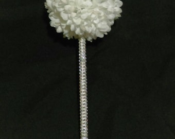 Silver Bling & White Mum Flower Girl Wand Bouquet - Wedding or Quinceanera