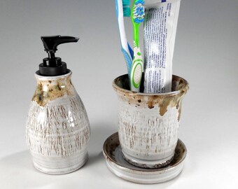 Ceramic soap pump and toothbrush holder bathroom accessory set, pottery soap dispenser, ceramic toothbrush holder set wood grain pottery