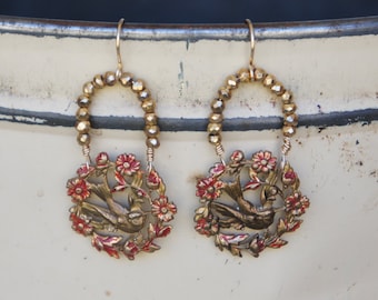 Antique Assemblage Earrings with Birds and Pyrite