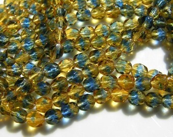 Topaz and Montana Blue 6mm Fire Polish Round Beads ONE STRAND