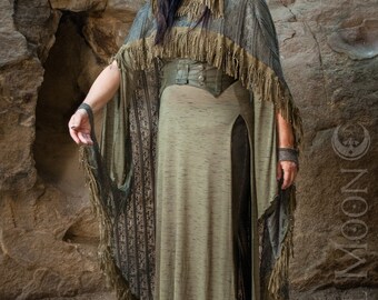 Specialty: The "Sage Woman" Hooded Lace Cape with Suede Fringe Trim by Opal Moon Designs (One Size XS-XXL)