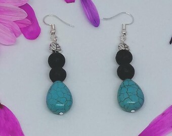 Lava Rock Bead & Turquoise Leaf Earrings - Diffuser Earrings