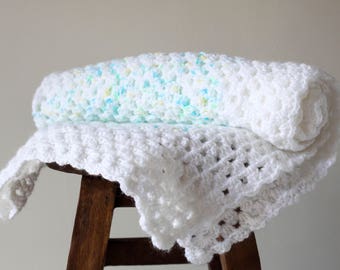 White, Aqua and Lime Crochet Blanket