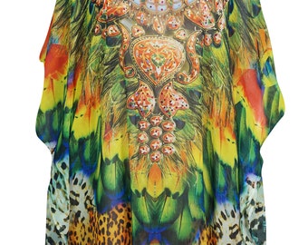 Colorful Jewel Print Digital Kimono Short Caftan Dress Beach Bikini Cover Up Resort Wear Printed Kaftan Onesize