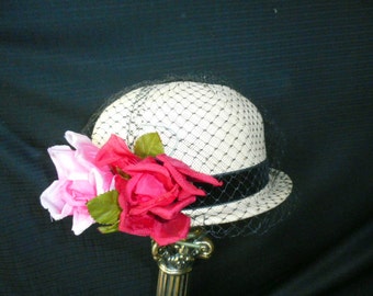 Vintage White Straw Bowler Style Hat w/Black Netting-Small