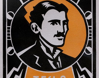 Art Deco Portrait of Inventor NIKOLA TESLA - Lino Block Print