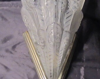 Antique art deco Noverdy French chromed bronze wall light, sconce, pressed glass shade with corn, ca 1920