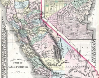 California & San Francisco; Beautiful Vintage Cartography 1872
