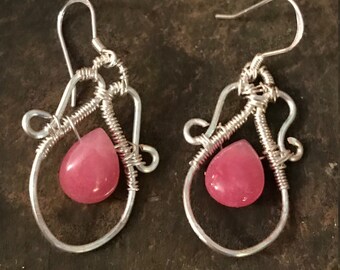 Pink teardrop silver wire wrapped briollette earrings with Sterling ear wires gift for her