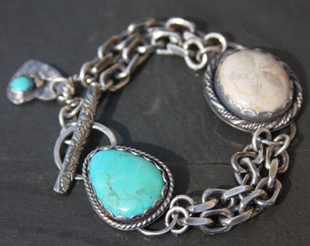 RESERVED oOo turquoise, fossil sand dollar, lapis lazuli, and sterling silver metalwork link bracelet
