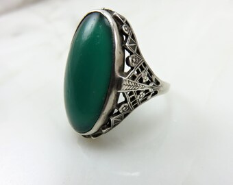 Spring Sale Circa 1920 Sterling Silver and Chrysoprase Ring