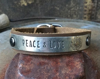 Custom Stamped Skinny German Silver Bracelet with Darkened Silver Flower