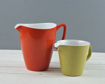 Vintage Melamine Jugs, Orange and Olive, Gaydon Melmex, Melaware. All Purpose Jugs, Mid Century Kitchen.