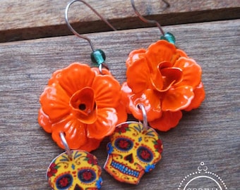 Dia de los Muertos jewelry, Day of the Dead Earrings, orange rose, Calavera, Vintage Tattoo, Mexican Jewelry, skull earrings, Book of life