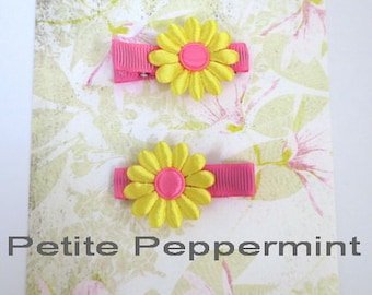 Set of two yellow and hot pink flower hair clip, baby hair clip, girl hair clip, toddler hair bow, infant hair clip, baby barrette