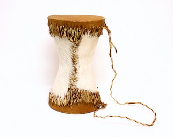 Vintage Double Sided African Drum Made of Cow Hide with Carrying Strap