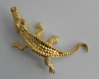 Alligator Brooch, Vintage Gold Tone Pin, Textured Reptile Pin