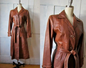 70s Brown Leather Trench Coat - Patchwork Design - Berman's - 1970s Vintage Leather Trench Coat