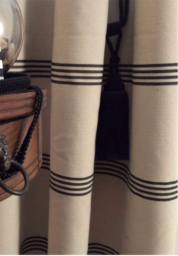 Modern Farmhouse Shower Curtain Stripe Black Ticking Tan Striped Fabric Extra Long Wide Linen