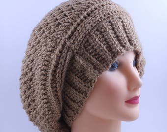 Hand Knitted Beanie, Slouchy Head Accessory, Boho-chic Brown Large